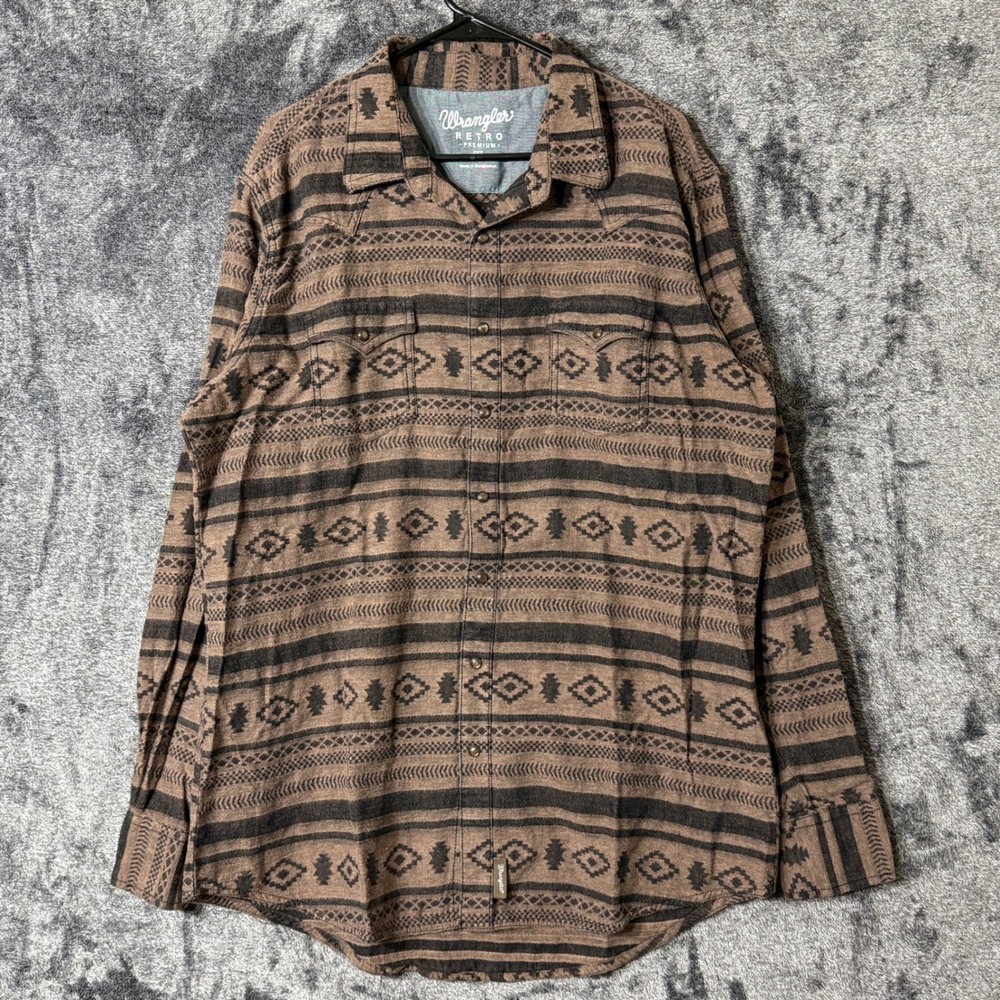 Wrangler Retro‎ Premium Mens Pearl Snap Flannel Shirt 2XLT Brown Aztec Western